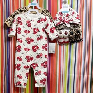 Hudson Baby Floral Red and White And Cheetah Bodysuit Set